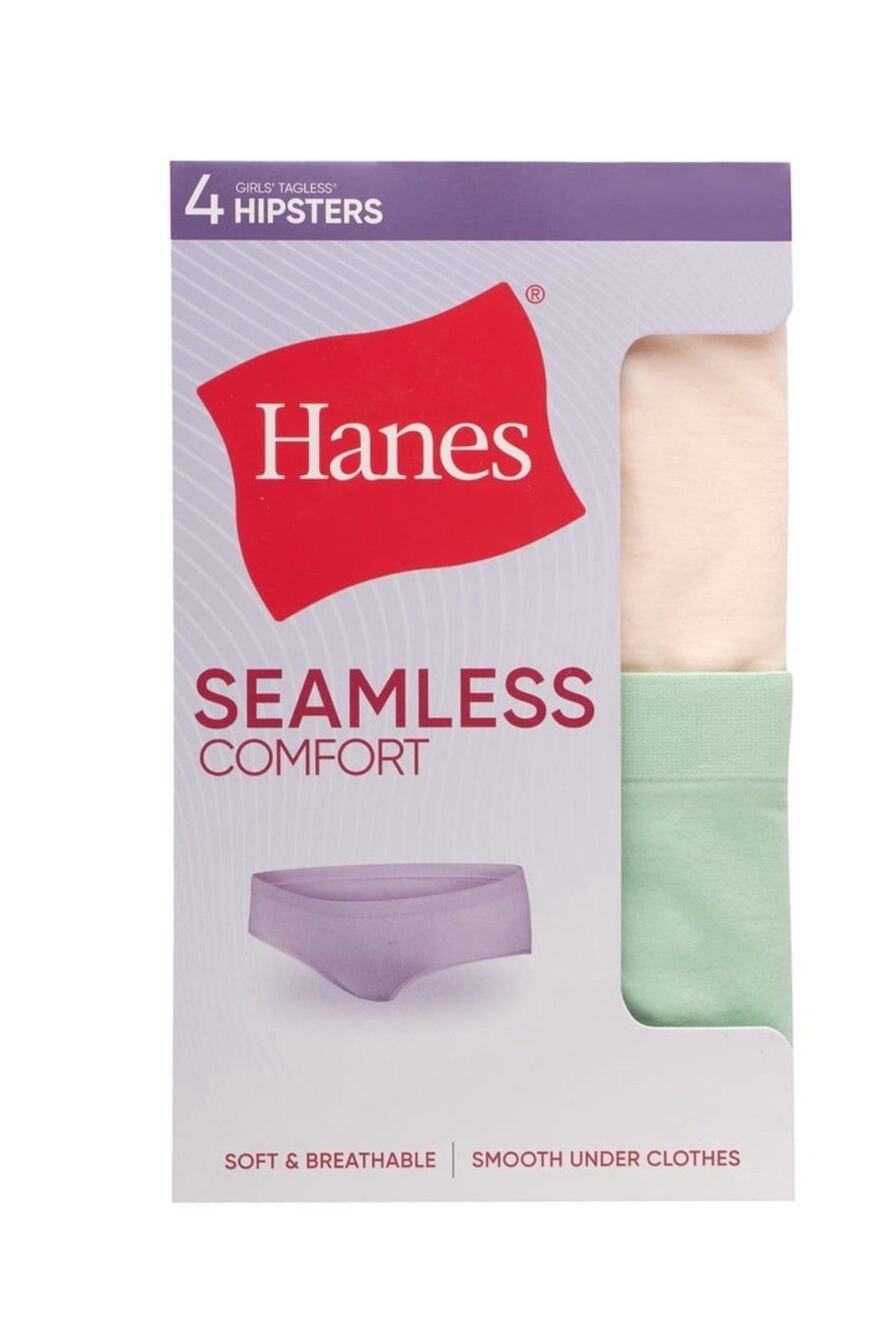 Hanes Girls’ Seamless Comfort, Size L 10/12 Hipster, Assorted, 4-Pack